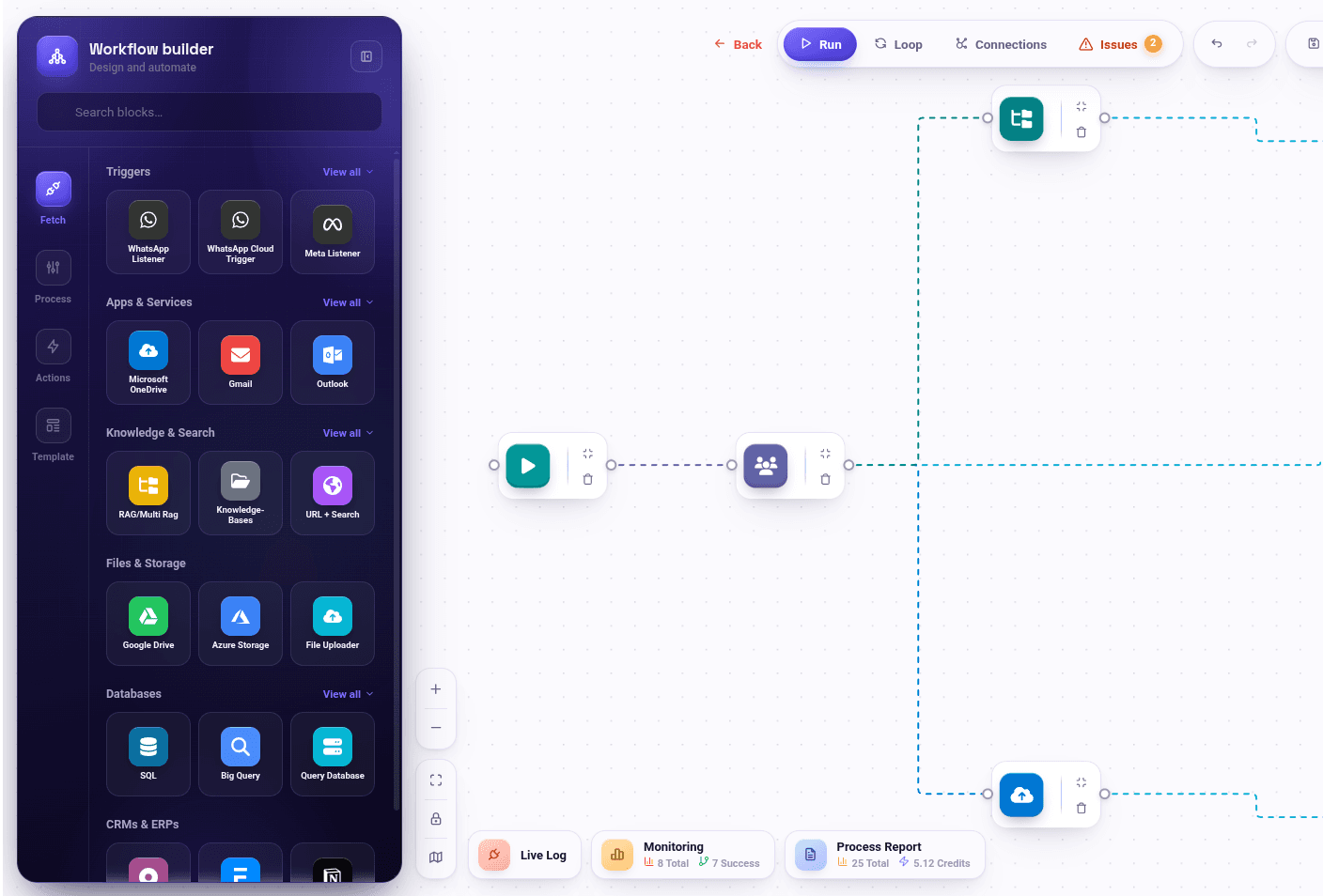 Dragify visual workflow builder with triggers, apps and knowledge blocks